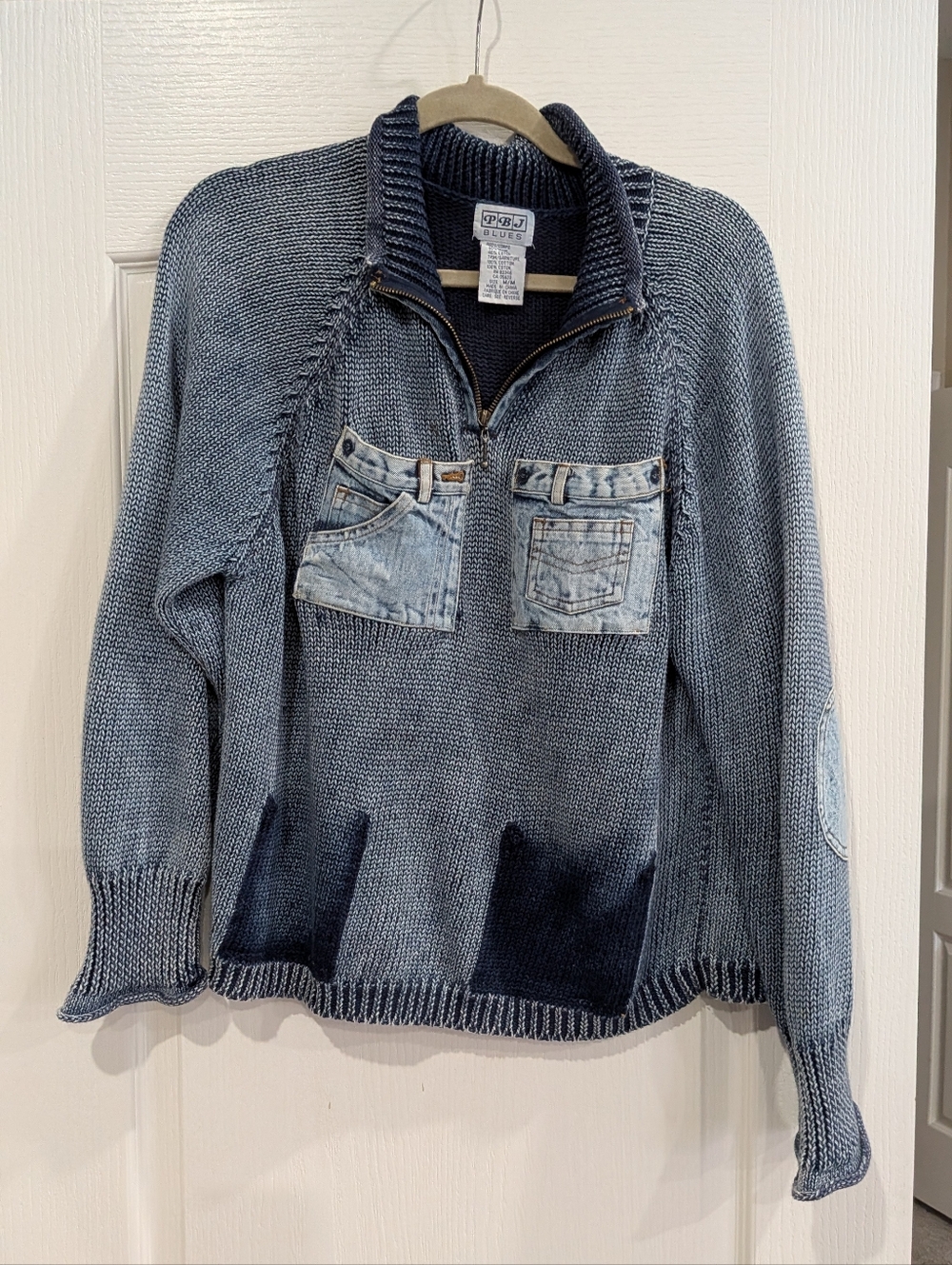 Size M, Blue Half-Zip Knit Sweater with Denim Pocket Detail, by PBJ Blues